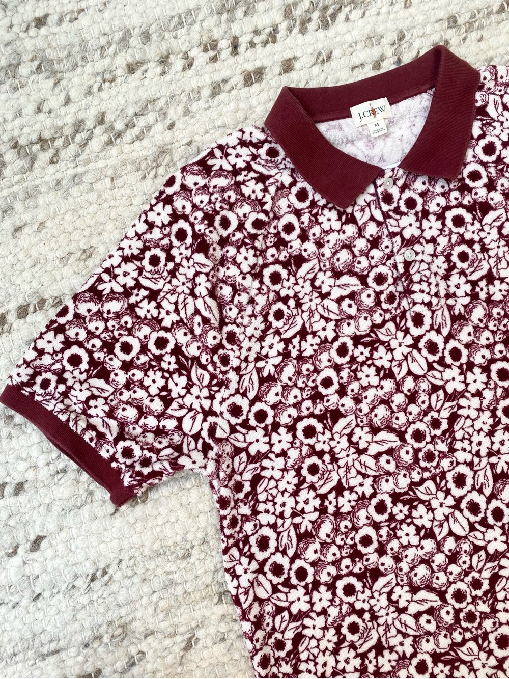 J.Crew NWOT Burgundy Cream Floral Terry Polo Shirt M - Picture 3 of 8